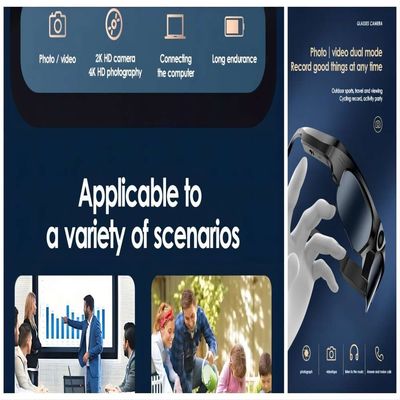 γυαλιά ηλίου βιντεοκάμερων 4K Bluetooth για την αλιεία, ελεύθερη πτώση με αλεξίπτωτο, να κάνει σκι